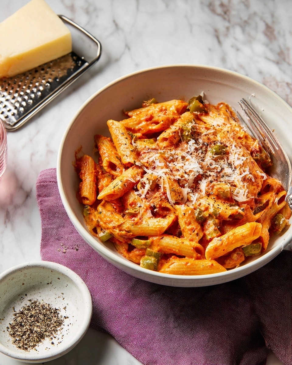 A rustic white bowl holds a serving of penne pasta coated in a creamy, orange-colored tomato sauce mixed with small green vegetable pieces, possibly zucchini; the pasta is topped with freshly grated white cheese and scattered black pepper. A silver fork is placed inside the bowl. The bowl rests on a deep pink cloth on a white marbled surface, alongside a white dish with crushed black pepper, a plate with a block of pale yellow cheese and a metal grater, and another bowl with some sauce remnants. Photo taken with an iphone --ar 4:5 --v 7