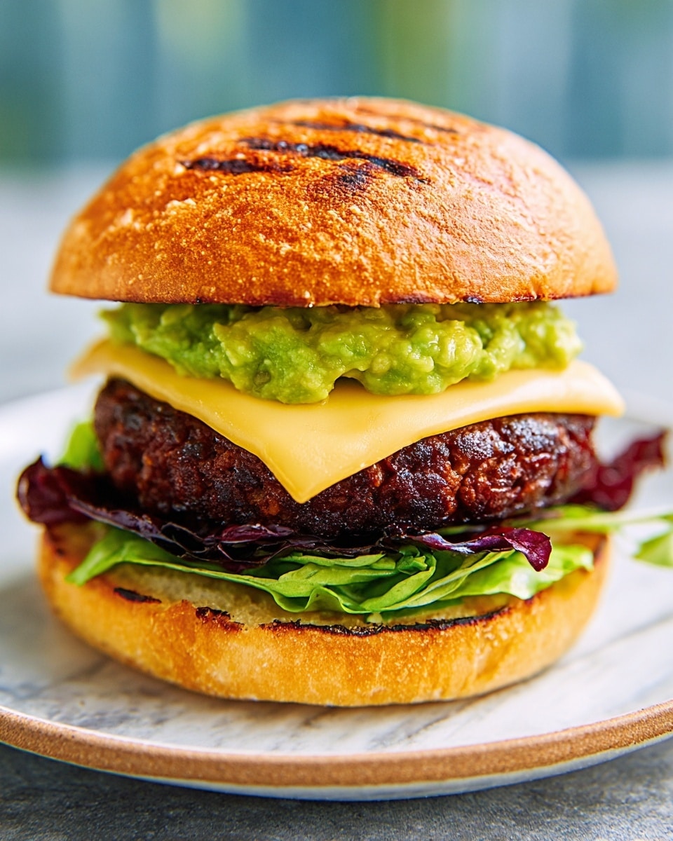 A grilled burger sits on a white plate, with a toasted golden bun showing grill marks on top. Inside, the bottom layer is a lightly toasted bun with some red sauce spread on it. Above that is a fresh green lettuce leaf, followed by a thick dark brown cooked burger patty. On top of the patty is a slice of pale yellow cheese that slightly bends over the edges. Above the cheese, there is a layer of chunky green guacamole, and some red sauce peeks out between the bun and toppings. The background is a white marbled texture. Photo taken with an iphone --ar 4:5 --v 7