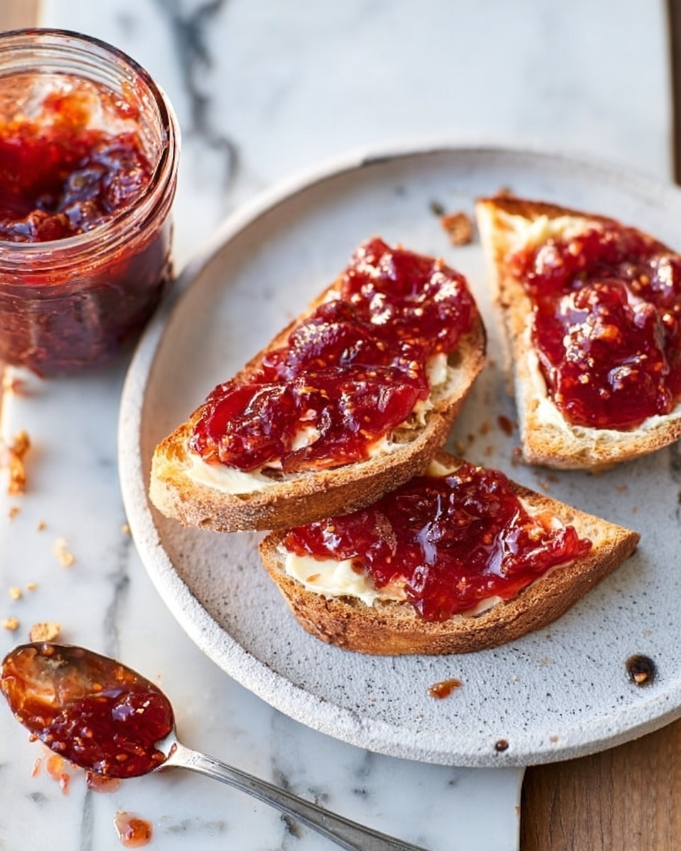 A close-up view of three toasted bread slices placed on a white plate with a light grey texture, each piece spread with a golden layer of melted butter topped with a chunky, glossy reddish-brown jam. A silver spoon rests on the plate, holding some jam. Next to the plate, an open glass jar filled with the same jam shows its rich, thick texture. The setup is on a wooden board with some crumbs scattered around, all set against a white marbled surface. photo taken with an iphone --ar 4:5 --v 7