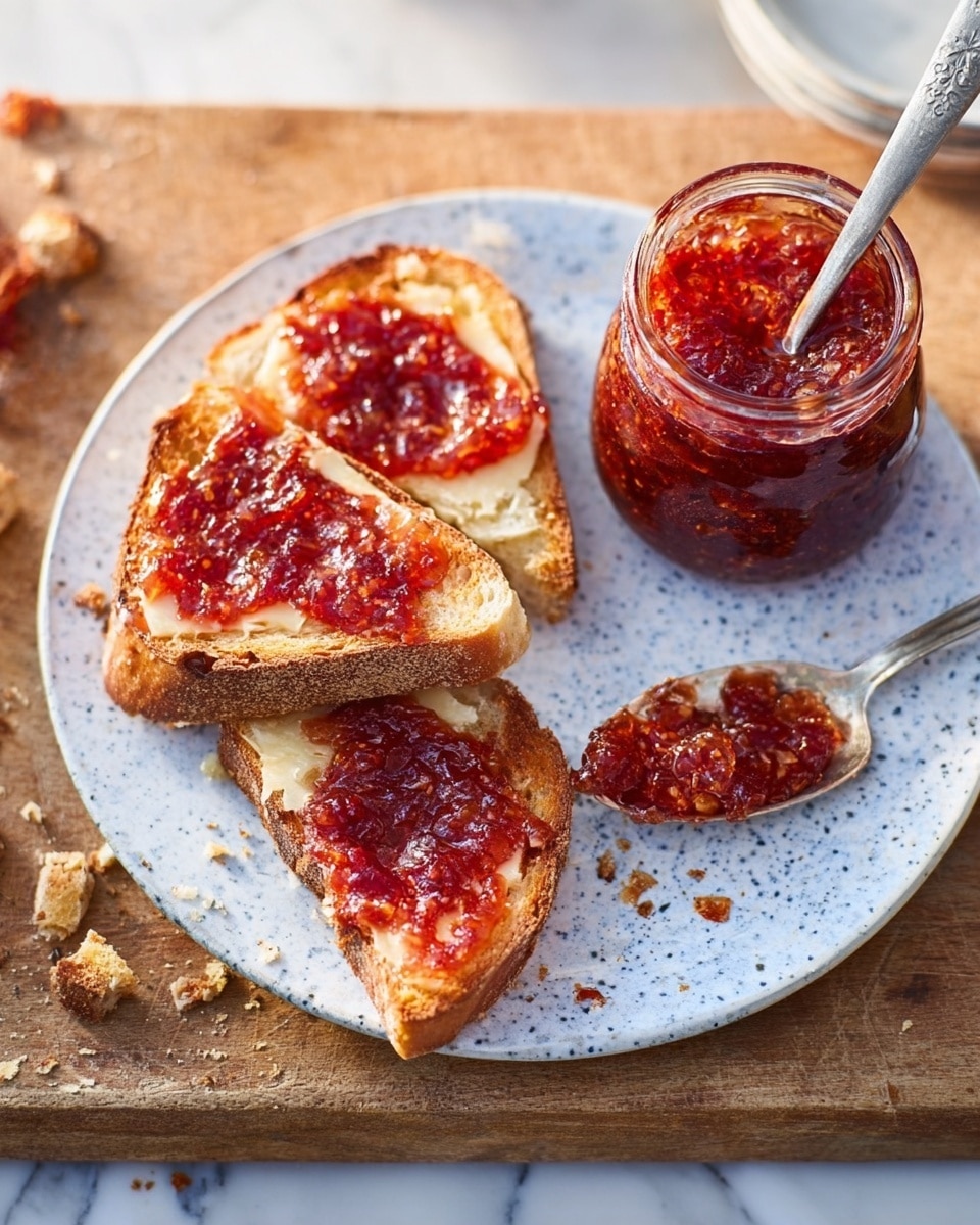 A white plate with three slices of toasted bread each spread with a creamy pale yellow layer of butter and topped with a chunky, deep red jam that has visible fruit pieces. The plate has some crumbs scattered around, with a silver spoon resting on it, coated with the same red jam. Next to the plate, there is a glass jar filled with the same vibrant jam. The scene is set on a white marbled surface with crumbs around, and a woman's hand is holding one of the bread slices off the plate. photo taken with an iphone --ar 4:5 --v 7