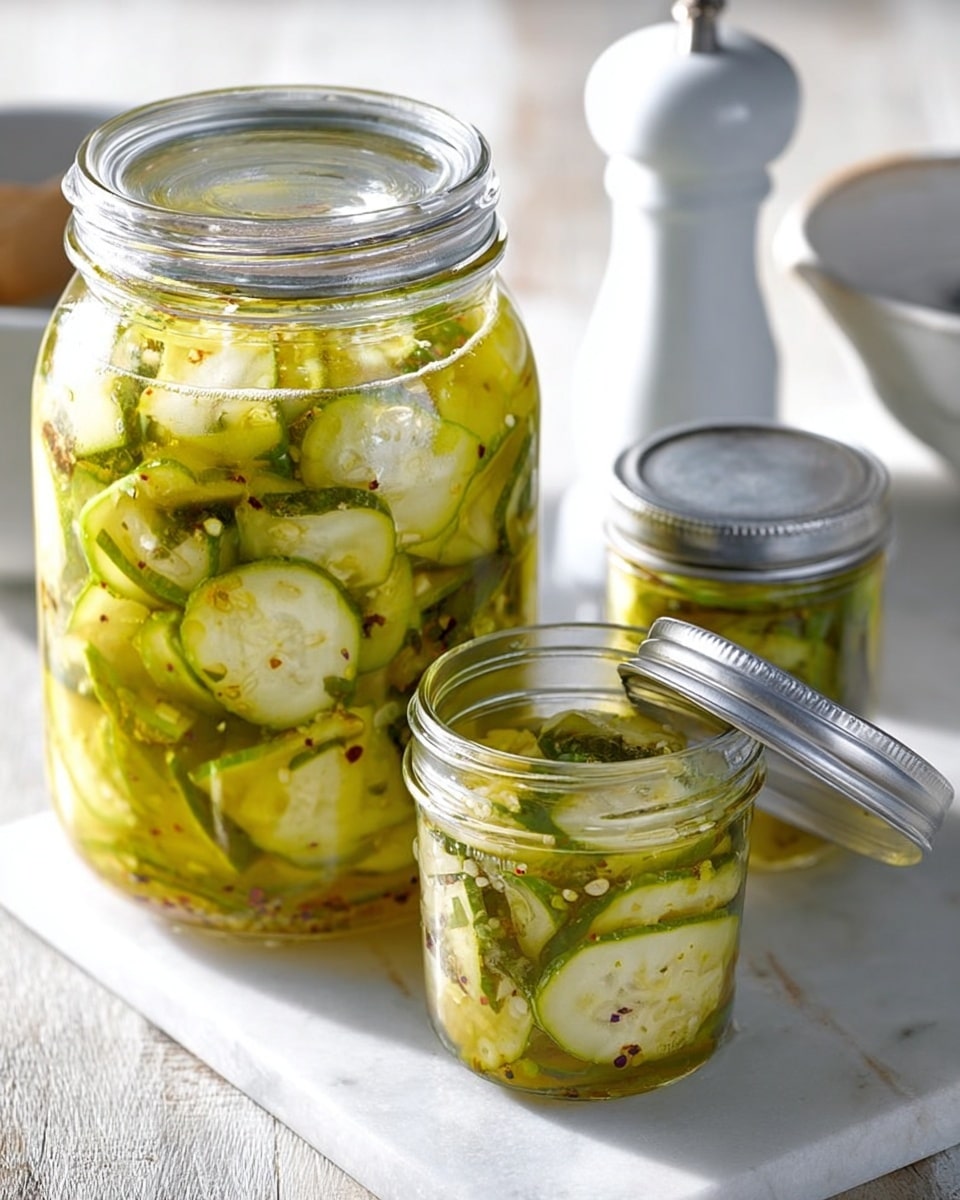 The image shows two glass jars on a white marbled surface, both filled with thinly sliced cucumbers in a yellow-green liquid, likely pickling brine. The larger jar is open, revealing layers of cucumber slices stacked vertically and floating in the liquid, with visible herbs and spices sprinkled on top. The smaller jar is closed with a silver metal lid, also filled with the same cucumber slices and brine. The background is a worn light wooden wall, adding a rustic feel to the scene. photo taken with an iphone --ar 4:5 --v 7