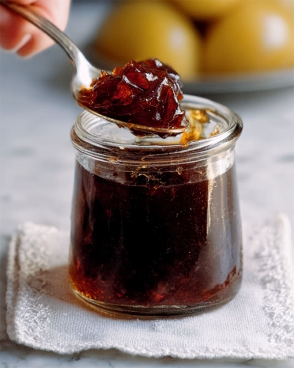 The image shows a small glass jar filled with dark red jelly that looks thick and shiny. A spoon with some jelly on it leans inside the jar, positioned slightly to the left side. The jar is placed on a white cloth with a subtle pattern, and the background has a soft, blurred look with a warm yellow object that might be a lemon. The whole scene sits on a white marbled surface. photo taken with an iphone --ar 4:5 --v 7