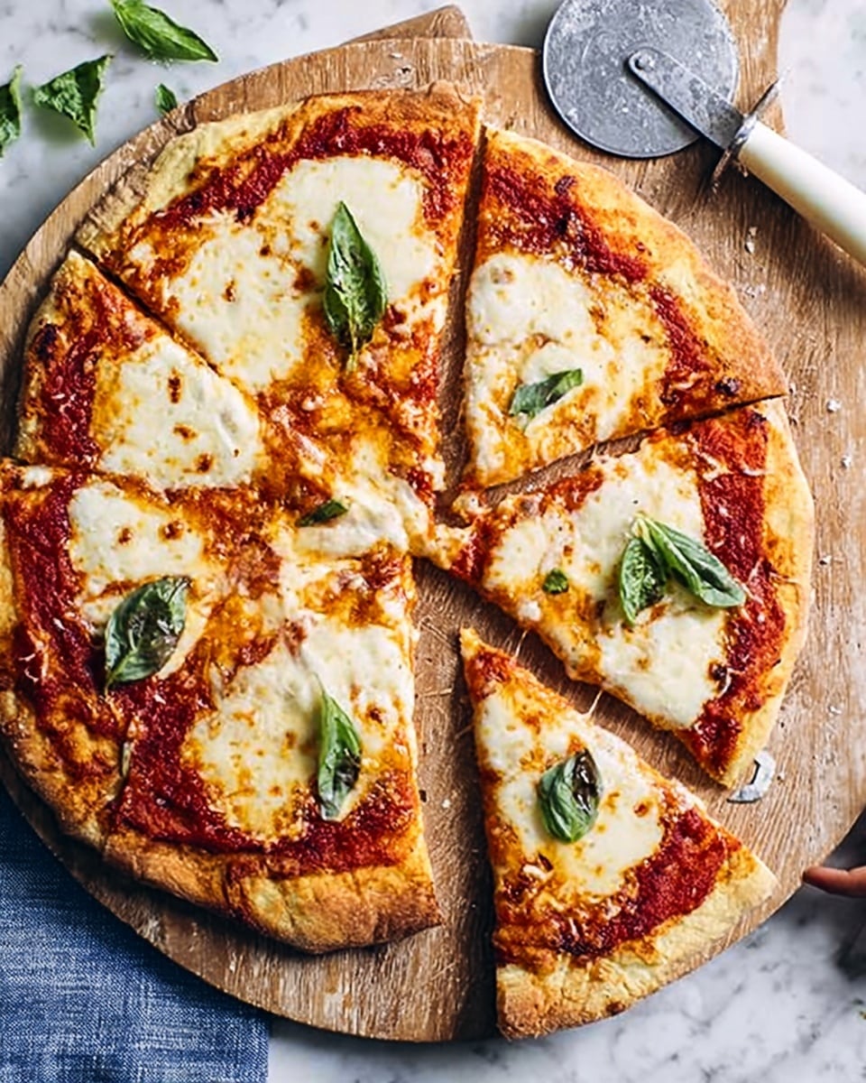 A round pizza cut into six slices sits on a wooden board over a white marbled surface. The pizza has a golden-brown crust with uneven edges. The base is covered with a bright red tomato sauce layered with melted, bubbly white mozzarella cheese. There are several fresh green basil leaves placed on top of the cheese, adding a pop of color. A pizza cutter with some sauce on its blade rests on the board near the pizza. A white cloth with a blue and black striped pattern peeks in from the left side. photo taken with an iphone --ar 4:5 --v 7