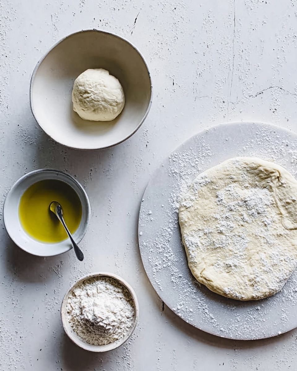 The image shows two white bowls on a white marbled surface. The first bowl on the left side contains a piece of dough with a soft, slightly crumbled texture and off-white color. Next to this bowl is a smaller white bowl filled with a greenish-yellow liquid, likely olive oil, with a silver spoon resting inside. On the right side of the image is a white tray dusted with white flour, and on it is a flat, round piece of dough with a slightly uneven edge and a pale cream color. The background is a white marbled texture. photo taken with an iphone --ar 4:5 --v 7
