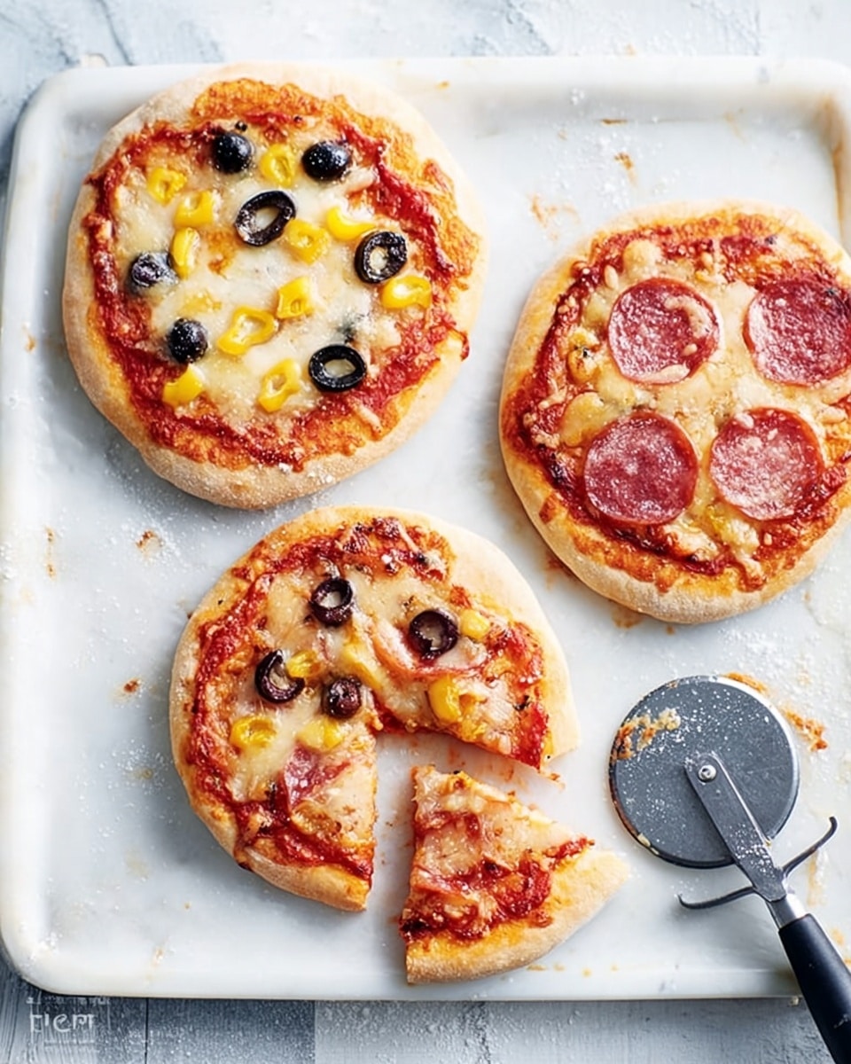 The image shows three small pizzas placed on a white marbled surface. Two pizzas are whole, while one is cut into four slices. Each pizza has a golden-brown crust with a layer of melted cheese that looks slightly bubbly. The toppings include black olives, yellow bell pepper pieces, and small bits of what appears to be mushrooms or meat. The cut pizza has a few slices of salami on top. There is a silver pizza cutter with a white handle near the sliced pizza on the right side. A white and beige striped cloth is partly visible on the left side. The scene has a cozy, casual feel. photo taken with an iphone --ar 4:5 --v 7