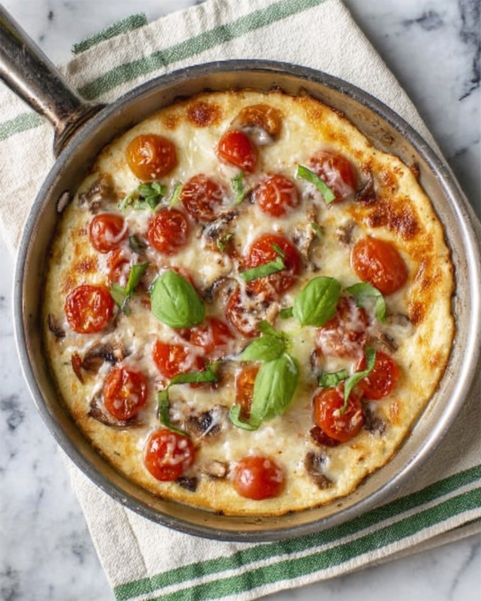 A small pizza sits in a round metal pan with a handle, placed on a white marbled surface with a white and green cloth beneath it. The pizza has one layer of golden brown crust that is thick and slightly puffy at the edges, topped with a layer of melted light yellow and white cheese covering the surface unevenly. Scattered on top are halved roasted red tomatoes adding a pop of red color, along with several fresh green basil leaves placed on the cheese layer. The pan's metal surface shows a bit of shine, and the surrounding setting suggests a rustic and cozy atmosphere. Photo taken with an iphone --ar 4:5 --v 7