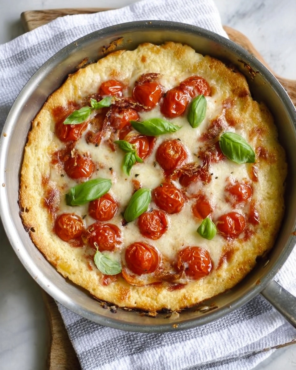 A small pizza baked in a round silver pan with a handle, sitting on a white and green striped cloth on a white marbled surface. The pizza has a thick, golden crust around the edges. The first layer is a white melted cheese base covering the dough. On top, there are many uneven pieces of red roasted cherry tomatoes spread across the surface. More melted cheese, yellowish from baking, is sprinkled on top of the tomatoes. Fresh green basil leaves are placed evenly all over the pizza. A silver spatula is beside the pan on the right side. Photo taken with an iphone --ar 4:5 --v 7