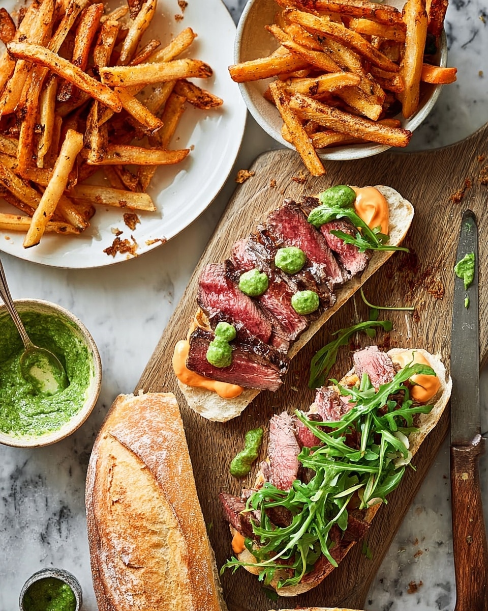 The image shows a close-up of an open steak sandwich on a wooden board. The sandwich has three layers: the bottom layer is a toasted white bread slice with a light spread of creamy sauce, the middle layer consists of medium-rare sliced steak pieces with a rich red inside and browned outside, and the top layer is bright green arugula leaves and dollops of green herb sauce. Next to the sandwich is a whole ciabatta roll with a crusty, golden-brown top. To the left, there is a white plate filled with golden, crispy French fries with some dark seasoning. Above the fries, a small white bowl contains more green sauce with a silver spoon inside. The background is a white marbled surface. A serrated knife with a wooden handle lies below the sandwich. Photo taken with an iphone --ar 4:5 --v 7