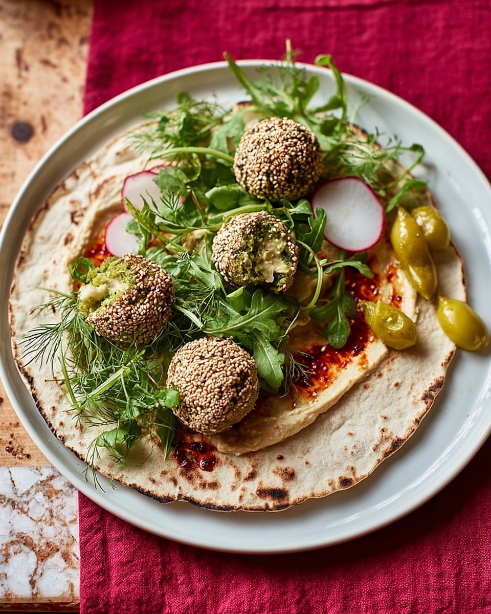 A white speckled plate holds a flat piece of slightly browned flatbread as the base layer. Spread thinly on the flatbread is a creamy beige hummus with a few streaks of red chili oil for color. On top are five falafel balls covered in sesame seeds, one cut open to show the bright green interior. Around the falafel are scattered fresh arugula leaves with some green dill, pale green small chili peppers, and thin slices of white and pink radishes, giving a fresh and colorful contrast. The plate sits on a deep red cloth atop a wooden table, with a white marbled texture in the background. photo taken with an iphone --ar 4:5 --v 7