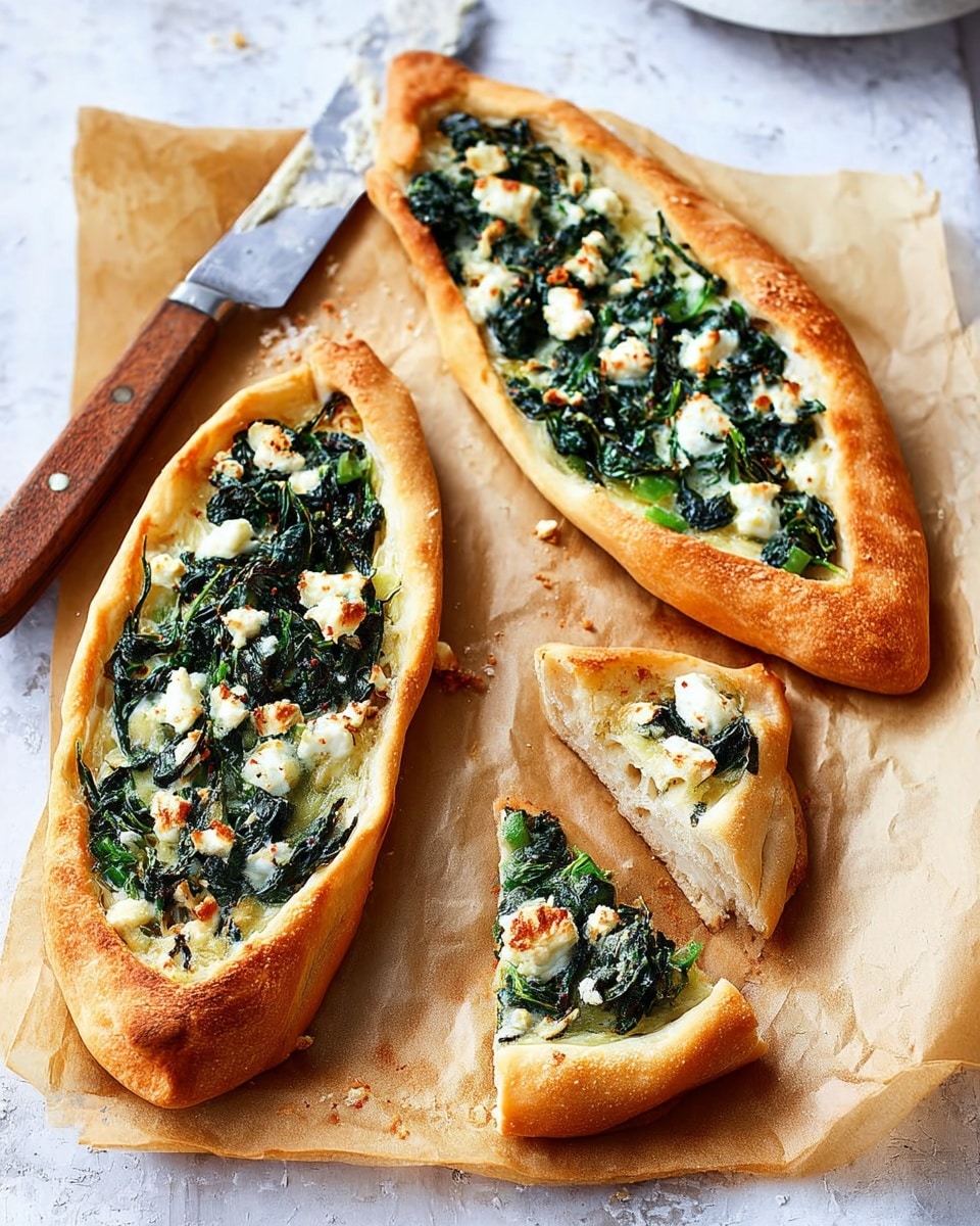 The image shows three boat-shaped flatbreads on white baking paper over a white marbled surface. Each flatbread has a golden-brown crust with two pointed ends curving slightly upward. Inside the flatbreads is a topping of cooked dark green spinach mixed with crumbled white cheese and small browned bits, spread evenly across the center. Two flatbreads are whole and one is cut into two triangular pieces, showing the soft, light interior of the dough. A knife with a wooden handle lies beside the flatbreads. photo taken with an iphone --ar 4:5 --v 7