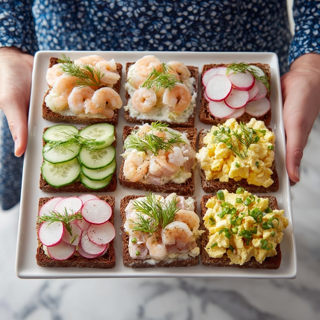 A white square plate holds nine small open-faced sandwiches arranged in three rows, each on thick slices of dark brown bread. The top row features three sandwiches: the left one topped with light pink slices of deli meat and thin round radish slices, the middle with yellow scrambled eggs garnished with green herbs, and the right with light pink shrimp piled on a creamy spread. The middle row has the left and right sandwiches topped with cucumber slices layered over a white creamy spread, each decorated with a sprig of dill, while the middle sandwich again shows yellow scrambled eggs with green herbs. The bottom row repeats the toppings: the left with pink shrimp, the middle with scrambled eggs, and the right with deli meat and thin radishes. A woman's hands hold the plate against a white marbled surface background, and the person wears a blue patterned garment. photo taken with an iphone --ar 4:5 --v 7
