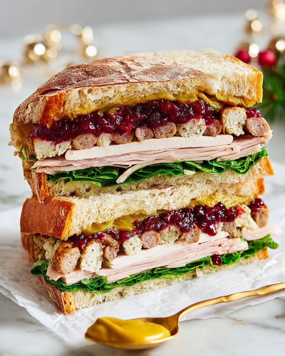 The sandwich is cut in half, showing many layers inside a thick, light brown crusty bread. Starting from the bottom, there is a soft bread layer, followed by a thick layer of white turkey meat. Above the turkey meat, there are small pieces of browned sausages topped with a spread of red cranberry sauce. Next is a light brown stuffing layer, then fresh dark green spinach leaves. On top of the spinach, another thick slice of white turkey meat is found. Above the turkey, more fresh dark green spinach leaves are stacked. A generous spoonful of bright red chunky cranberry sauce sits on the spinach, and the sandwich is finished with a spread of yellow mustard spread inside the top bread slice. The sandwich rests on white crumpled paper with a white marbled texture surface below, and a golden spoon with a green handle is placed near it. Photo taken with an iphone --ar 4:5 --v 7
