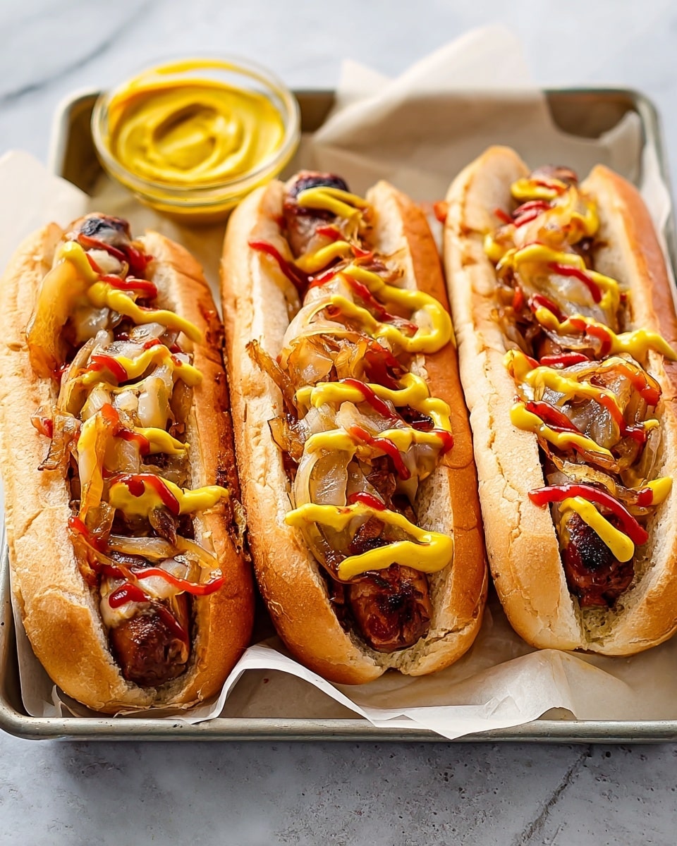 Three soft, light brown hot dog buns are placed side by side in a tray lined with white paper. Each bun is filled with layers starting with melted yellow cheese inside, topped with browned, cooked ground meat, and small pieces of red tomato or roasted pepper. On top, squiggly lines of yellow mustard and a few drops of reddish ketchup decorate the surface. The tray sits on a white marbled surface with a small glass bowl of bright yellow mustard visible in the upper left corner of the image. Photo taken with an iphone --ar 4:5 --v 7