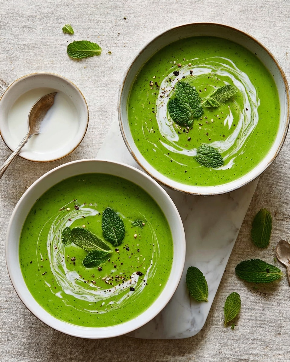 Two white bowls filled with thick green soup are shown on a white marbled textured surface. Each bowl has a swirl of white cream on top, shaped in loose circles. There are several fresh green mint leaves laid on the soup’s surface, along with small specks of black pepper scattered across. A small white bowl with white sauce and a spoon is placed near the top right corner, with a few mint leaves scattered around on the surface. The texture of the soup looks smooth but slightly grainy. photo taken with an iphone --ar 4:5 --v 7