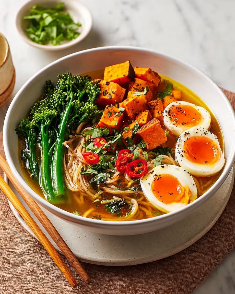 A white bowl filled with a rich golden broth containing three main layers: at the bottom, light brown noodles are slightly visible, topped with bright green steamed broccoli on one side, and on the other, orange roasted sweet potato cubes with char marks. Sitting near the edge are two halved soft-boiled eggs with firm white and runny, deep orange yolks sprinkled with black pepper. Thin slices of red chili are placed on top for garnish, along with small green cilantro leaves scattered throughout. The bowl rests on a white plate, with a pair of wooden chopsticks placed diagonally on the left side, all set on a white marbled surface. In the background, there is a small white bowl with fresh green herbs. photo taken with an iphone --ar 4:5 --v 7
