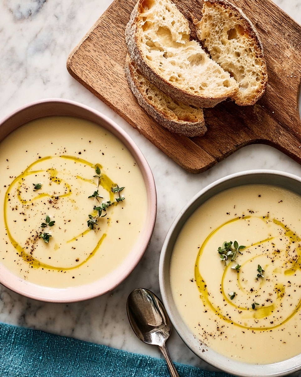 Two bowls of creamy soup are shown from above on a white marbled surface. The soup has one smooth, pale yellow layer filling most of each bowl. On top, a thin swirl of golden olive oil lays across both bowls, with small green herb leaves and black pepper scattered evenly over the surface. One bowl is white and the other is pale pink. To the left, two slices of crusty bread with a golden brown crust and holes in the soft inside are placed on a wooden board. A silver spoon rests on a teal cloth next to the white bowl. photo taken with an iphone --ar 4:5 --v 7