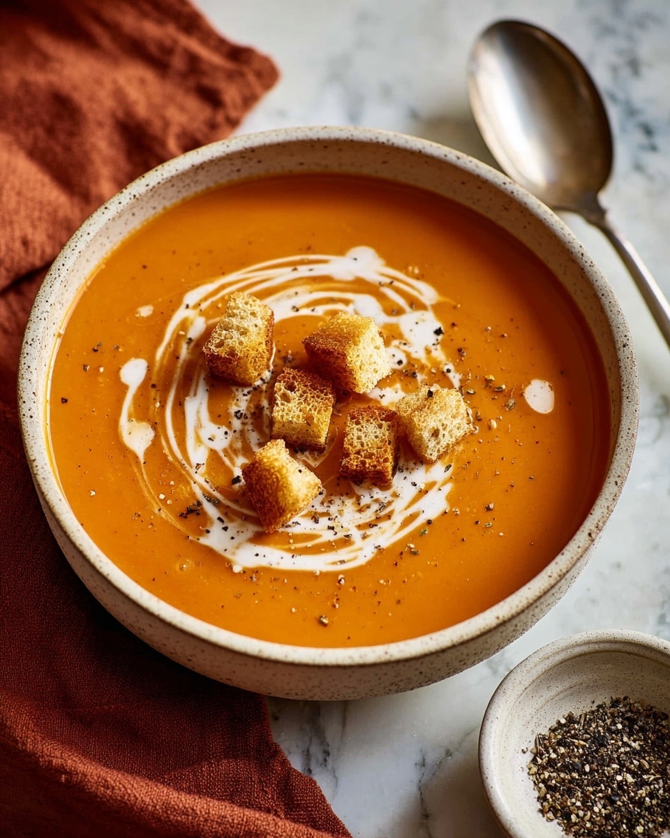 A bowl of smooth orange soup fills a round, white bowl with a light speckled rim, placed on a white marbled surface. On the surface of the soup, there is a swirl of white cream in a loose spiral pattern, topped with seven small, golden brown toasted croutons scattered near the center. Tiny specks of black pepper are sprinkled evenly on both the soup and around the cream. To the right of the bowl is a silver spoon resting on a folded brown cloth napkin, and a small white bowl filled with cracked black pepper sits blurred in the background. photo taken with an iphone --ar 4:5 --v 7