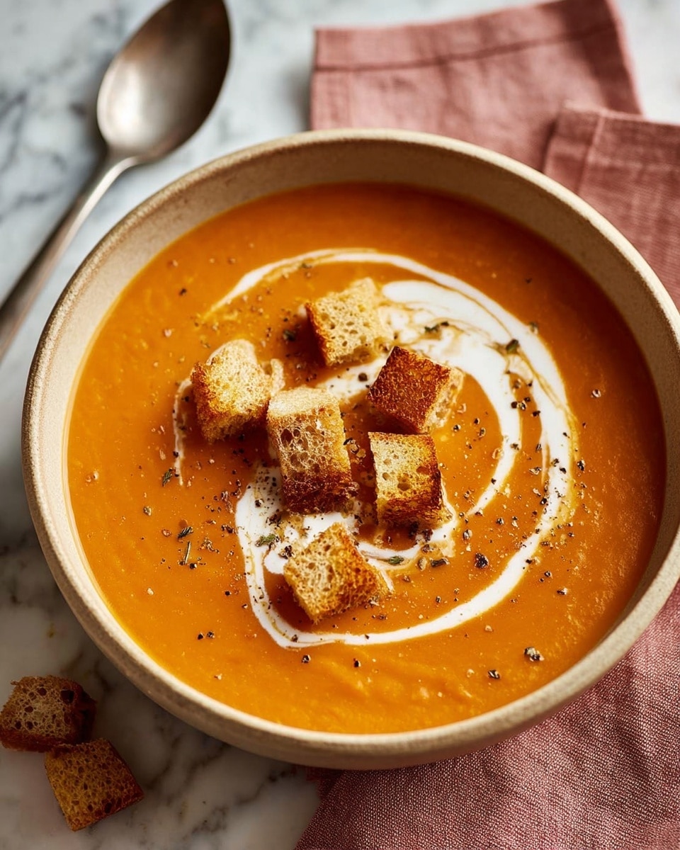 A bowl with one layer of smooth orange soup fills most of the space. On top, there is a white cream swirl that curves around the center, with seven golden brown croutons scattered over it. The croutons are crunchy with some darker toasted spots. Small black pepper specks are sprinkled across the soup’s surface. The bowl is off-white with a slight speckled texture and sits on a white marbled surface. A silver spoon rests partly on a brown cloth napkin beside the bowl, with a small bowl of black pepper in the background. Photo taken with an iphone --ar 4:5 --v 7