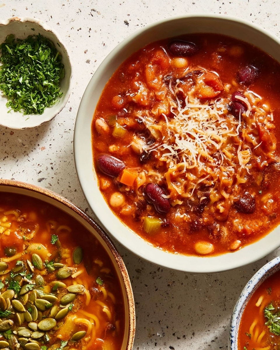 The image shows two white bowls filled with thick, red soup. The larger bowl at the top center has a smooth tomato-based soup with small pasta shapes and chickpeas mixed in, topped with a light sprinkle of grated cheese creating a soft, textured layer on top. The white bowl on the right edge contains a chunkier stew with visible beans, slices of orange vegetables, and seeds scattered on the surface, with bits of green herbs adding a fresh contrast. To the left of the bowls, there is a small plate with chopped green herbs on a white marbled surface. Photo taken with an iphone --ar 4:5 --v 7