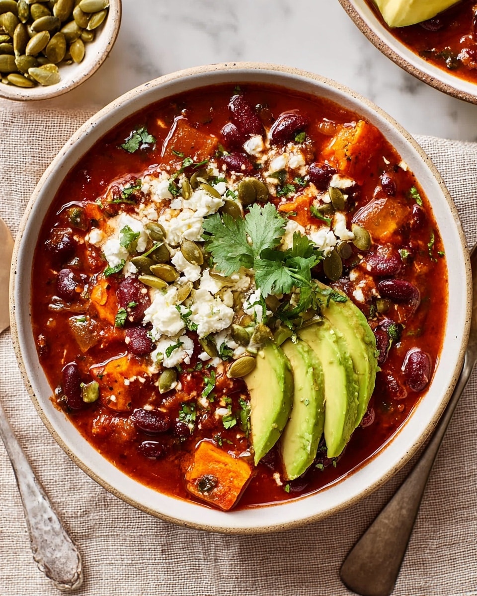 A shallow white bowl is filled with a thick, bright red chili base containing visible dark red kidney beans and chunks of sweet potatoes. On top, three thin slices of fresh green avocado are placed towards one side. The chili is garnished with crumbled white cheese, scattered green pumpkin seeds, and fresh chopped cilantro leaves, adding texture and color contrast. The bowl sits on a white marbled surface, with part of another white bowl and a silver spoon partially visible at the edges. photo taken with an iphone --ar 4:5 --v 7