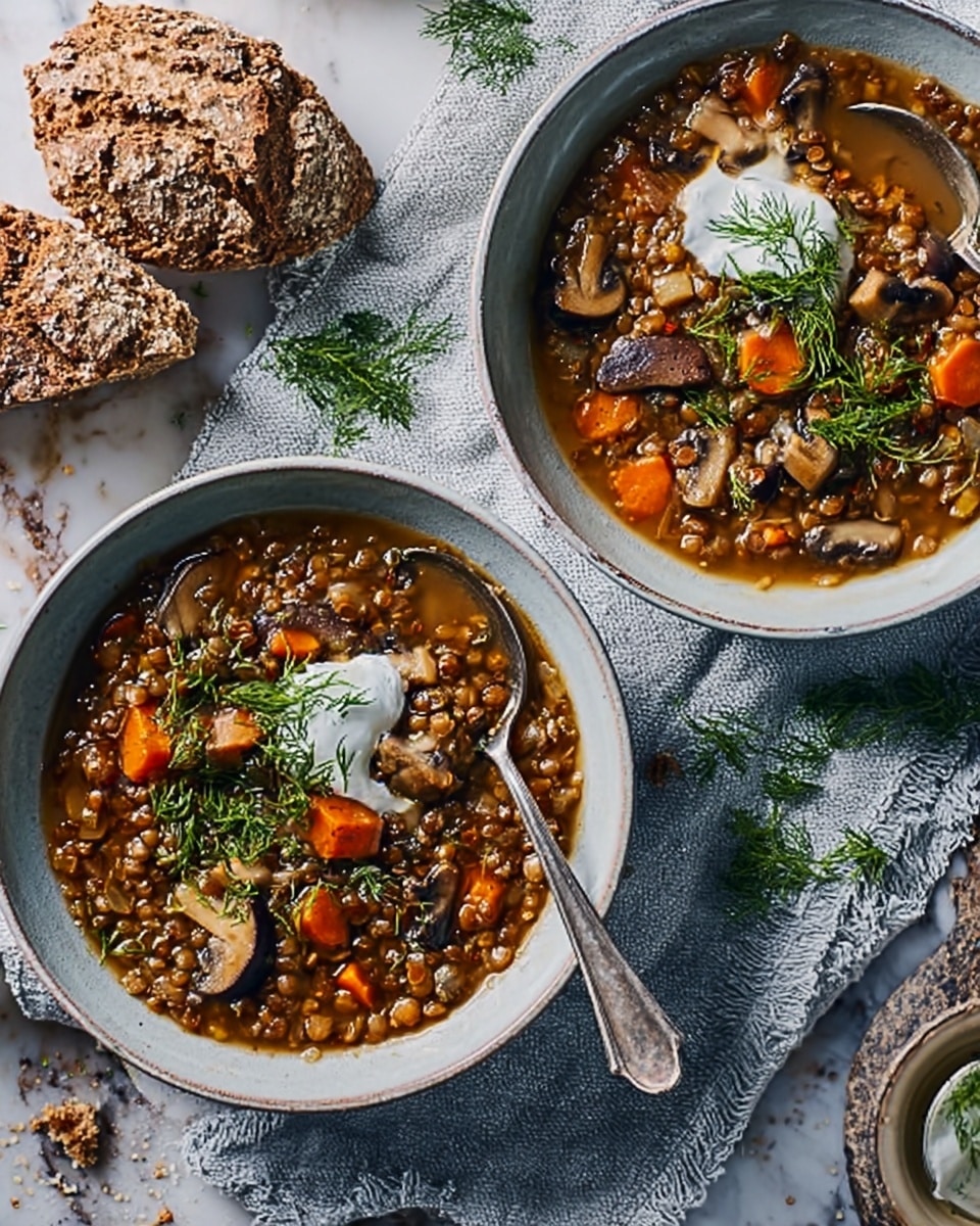 The image shows two white bowls filled with a rich stew placed on a white marbled surface covered partly by a beige linen cloth. Each bowl holds a thick mix of brown broth, containing soft chunks of meat, small diced orange carrots, light brown mushrooms, and bits of barley grains. On top of each stew, there is a dollop of white cream with a small green herb garnish. Each bowl has a silver spoon resting inside, and in the background, there are pieces of torn brown bread positioned near the top left corner. photo taken with an iphone --ar 4:5 --v 7