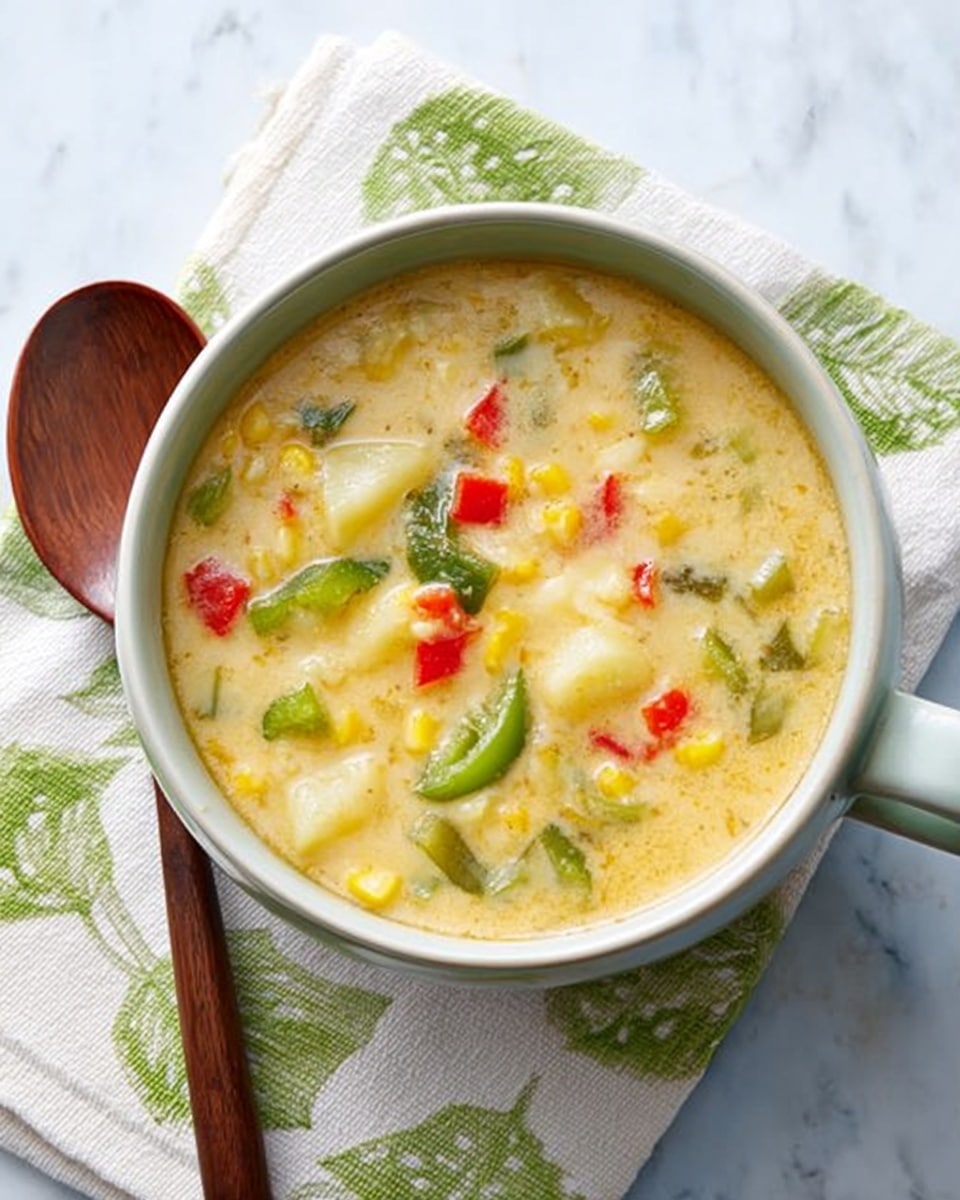 A mug filled with thick, creamy yellow soup that has visible chunks of green peppers, red bell peppers, corn kernels, and potato pieces mixed evenly throughout. The soup surface looks glossy and textured with small bubbles. The mug is white and sits on a folded napkin with green and brown leafy patterns. Beside the mug is a spoon with a wooden handle, placed on the white marbled surface. photo taken with an iphone --ar 4:5 --v 7