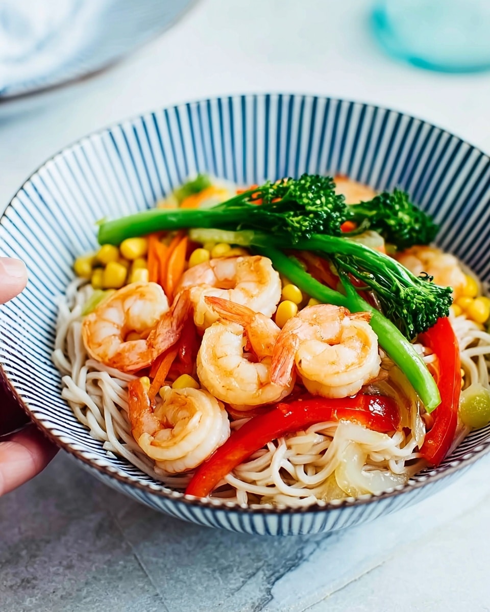 A bowl with blue vertical stripes is filled with three layers: the bottom layer is light beige noodles with a soft texture, the middle layer is brightly colored vegetables including red bell pepper slices, yellow baby corn, and orange carrot strips, all mixed together, and the top layer shows several pink shrimp and a few green broccoli stalks placed on top, creating a fresh and colorful look. The bowl sits on a white marbled surface with a glass, fork, and knife in the background. photo taken with an iphone --ar 4:5 --v 7