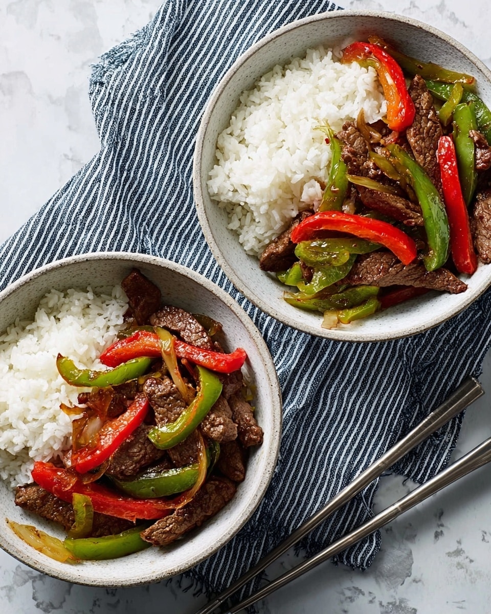 Two white bowls filled with a meal sit on a white marbled surface. Each bowl has a layer of white rice on one side, fluffy and slightly clumped, and a second layer of stir-fried beef with red and green bell pepper strips on the other side. The beef pieces are dark brown with a glossy texture, and the bell peppers look soft but still colorful. A pair of silver chopsticks rests between the bowls on a blue and white striped cloth. The photo taken with an iphone --ar 4:5 --v 7