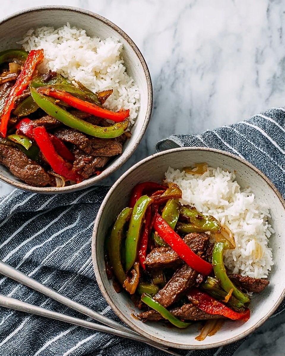 Two white bowls sit on a striped cloth over a white marbled surface, each filled with a colorful stir-fry and a serving of white rice. The stir-fry has three main layers: the bottom layer is slices of cooked beef with a shiny, brown glaze, followed by strips of green and red bell peppers adding bright color and texture, and soft cooked onions mixed in. The white rice covers about a third of each bowl, with fluffy, separate grains contrasting with the vibrant stir-fry. A pair of metal chopsticks rest between the bowls on the cloth, enhancing the simple but appetizing scene. Photo taken with an iphone --ar 4:5 --v 7