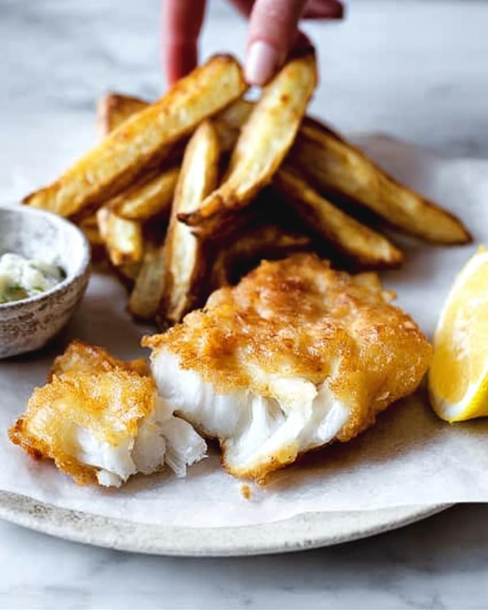 The image shows a white plate on a white marbled surface with two main parts: golden brown battered fish and thick, crispy potato fries. The fish has a smooth, shiny outer layer that looks crunchy, with the inside broken open to show soft, white, flaky fish pieces. The fries are unevenly cut, some showing a deeper brown roasted skin, while others are lighter golden, all placed to the left and slightly behind the fish. A light yellow lemon wedge is placed on the bottom right of the plate. Photo taken with an iphone --ar 4:5 --v 7