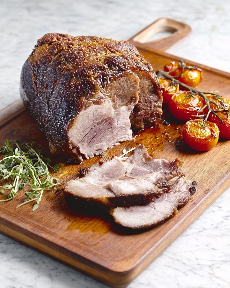 A large roasted meat piece with a dark, crispy outer crust sits on the left side of a wooden board, with a thick slice cut showing the tender, greyish inner layers of the meat. Two thinly sliced pieces lie in front of the main roast, revealing a slightly pink and juicy inside. To the right, there are several halved roasted tomatoes with a caramelized, shiny surface and deep red to orange colors. On the left side of the board, a small bundle of thinly sliced green onions or scallions adds a fresh touch with their light green and white tones. The wooden board rests on a white marbled surface. photo taken with an iphone --ar 4:5 --v 7