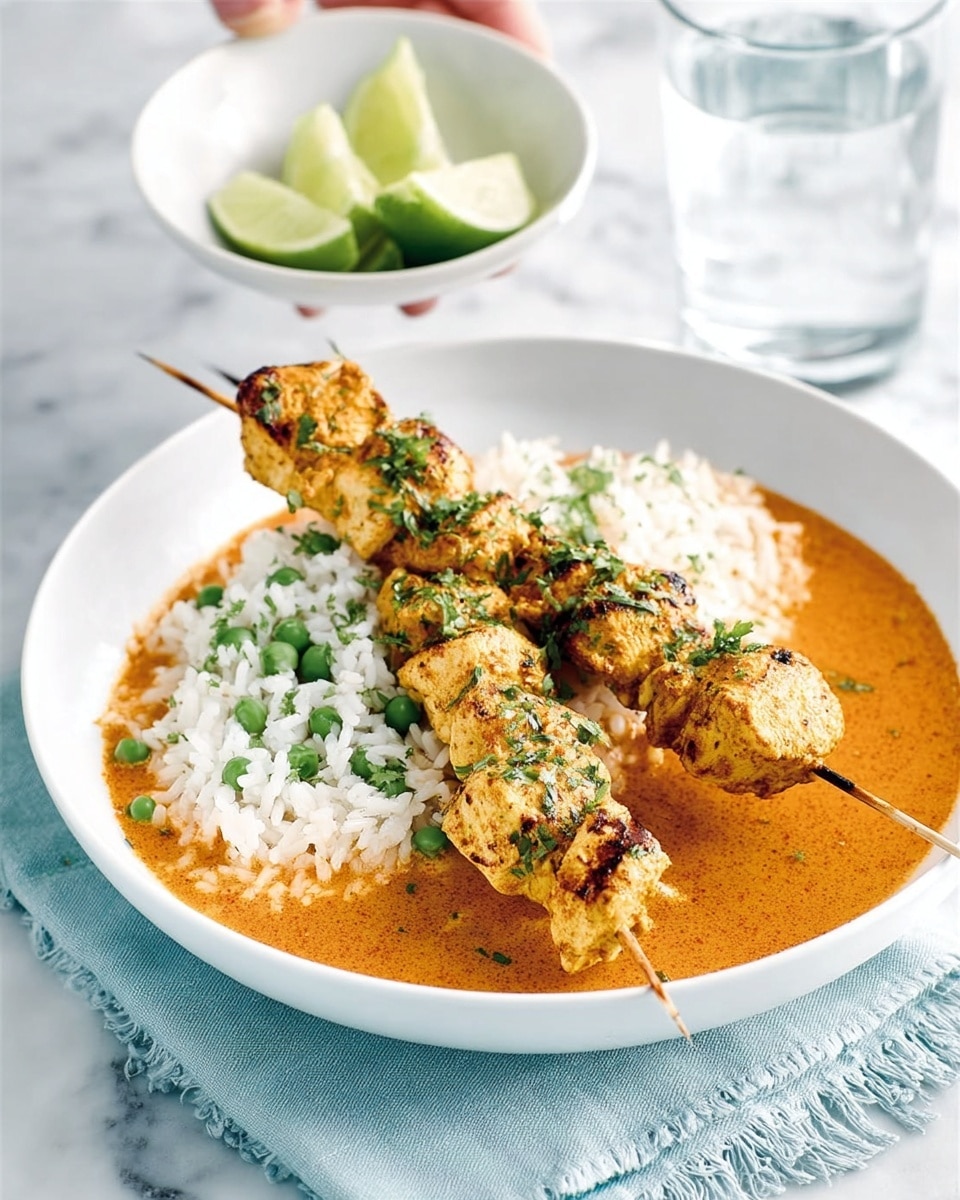 A white shallow bowl holds a dish with two main layers: a thick, orange-brown curry sauce spread at the bottom with a creamy texture, and on top, several golden-yellow chicken pieces skewered on sticks, slightly charred and sprinkled with fresh green herbs. To the side of the curry, there is a small mound of white rice mixed with a few green peas. In the background, a woman's hand is holding a small white bowl filled with lime wedges above the bowl, set on a soft blue cloth over a white marbled surface. A clear glass of water is also visible behind the bowl. Photo taken with an iphone --ar 4:5 --v 7