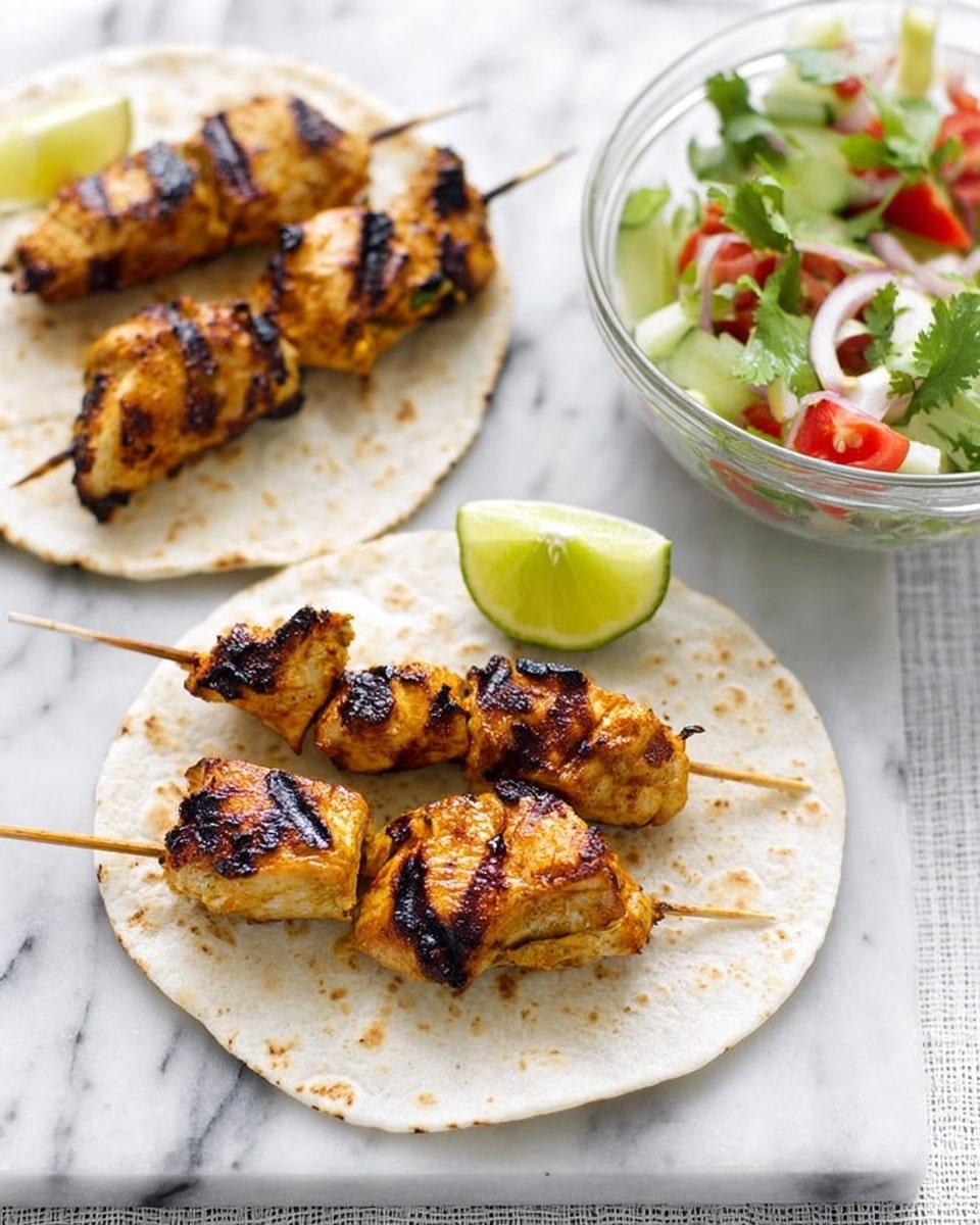 The image shows two white plates with soft flatbreads on a white marbled surface. Each flatbread has two wooden skewers of grilled chicken pieces, golden brown with dark grill marks, arranged in a small pile near the center of each flatbread. There is a wedge of lime placed on the lower left part of the flatbread in the front. Behind the plates, there is a clear glass bowl filled with a colorful salad of green leaves, red cherry tomatoes, and avocado chunks. The lighting is bright and natural, making the colors of the food stand out. Photo taken with an iphone --ar 4:5 --v 7