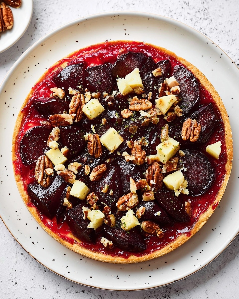 A round tart sits on a white plate with a speckled pattern, placed on a white marbled surface. The tart has three main layers: a golden-brown crust forming the base, a thick layer of deep red-purple beet slices arranged closely on top, and scattered over them are small crumbles of pale yellow cheese and pieces of light brown pecans, adding texture and color contrast. The edges of the crust are slightly raised and the tart looks rustic and inviting. photo taken with an iphone --ar 4:5 --v 7
