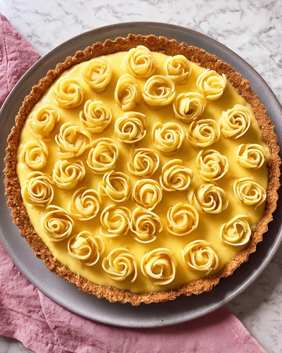 A round tart with a rough, golden-brown crust forms the base layer. On top, there is a thick layer of smooth, creamy light yellow filling covering the crust evenly. The topmost layer is decorated with many small rose shapes made from thinly sliced apple curls, arranged closely in a circular pattern, giving a textured look with soft yellow hues. The tart is placed on a white plate which sits on a white marbled surface with a soft pink cloth partially visible nearby. Photo taken with an iphone --ar 4:5 --v 7