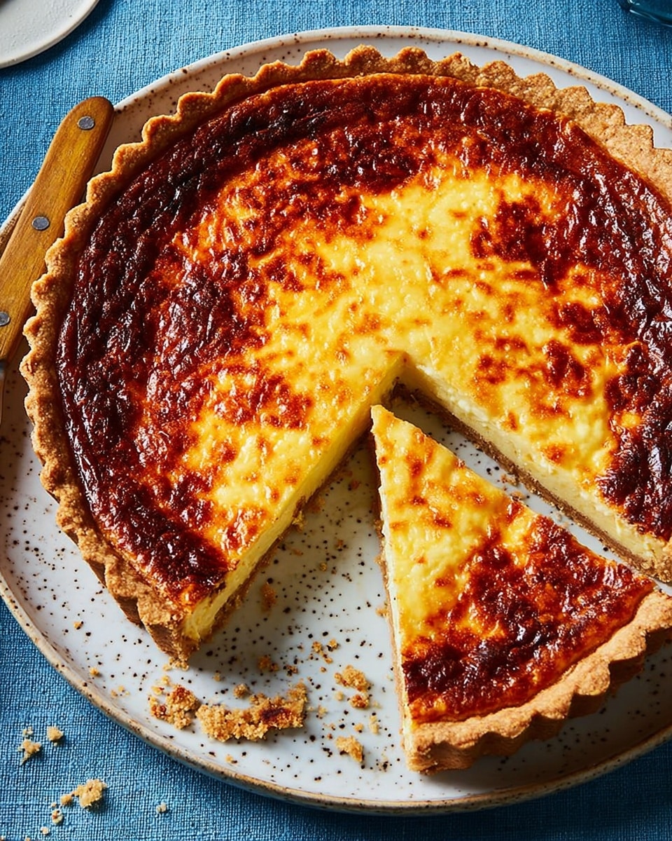 The image shows a round quiche with a golden-brown crust that is slightly scalloped on the edges. The top layer is a browned, bubbly cheese layer with darker brown spots, indicating it is baked well. One slice has been cut and slightly pulled out, showing the creamy interior beneath the cheese. The quiche sits on a large white plate with subtle specks, placed on a white marbled surface with a blue cloth under the plate's edge. A wooden knife lies beside the quiche on the plate. Photo taken with an iphone --ar 4:5 --v 7