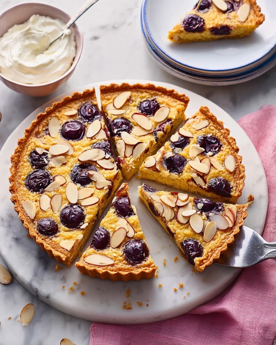 A round tart with a golden brown crust rests on a white marble plate, sliced into five triangular pieces. The tart's top layer is light golden yellow with a slightly rough texture, dotted evenly with dark purple cherries and scattered light brown almond slices. The crust edge is crimped and darker brown. One slice is lifted with a silver spatula, showing a pale yellow inner layer beneath the top baked layer and a darker fruit filling. In the upper left, a white bowl with swirled cream has a small spoon inside. The background is white marble with a partially visible folded pink cloth near the tart. Photo taken with an iphone --ar 4:5 --v 7