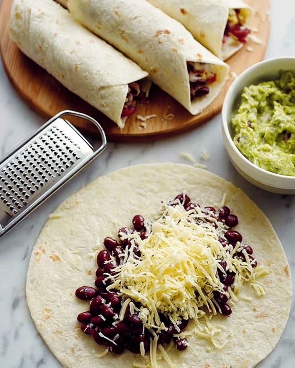 A close-up image shows two rolled tortillas filled with dark red beans and shredded pale yellow cheese at the top right, placed on a white marbled surface. In the center foreground, an open tortilla lays flat with a generous layer of the dark red beans topped with shredded cheese, showing the detailed texture of both. To the left of the tortillas is a silver grater with more shredded cheese around it. At the top left, there is a white bowl containing a pale green creamy sauce. The whole scene sits on a white marbled background. photo taken with an iphone --ar 4:5 --v 7