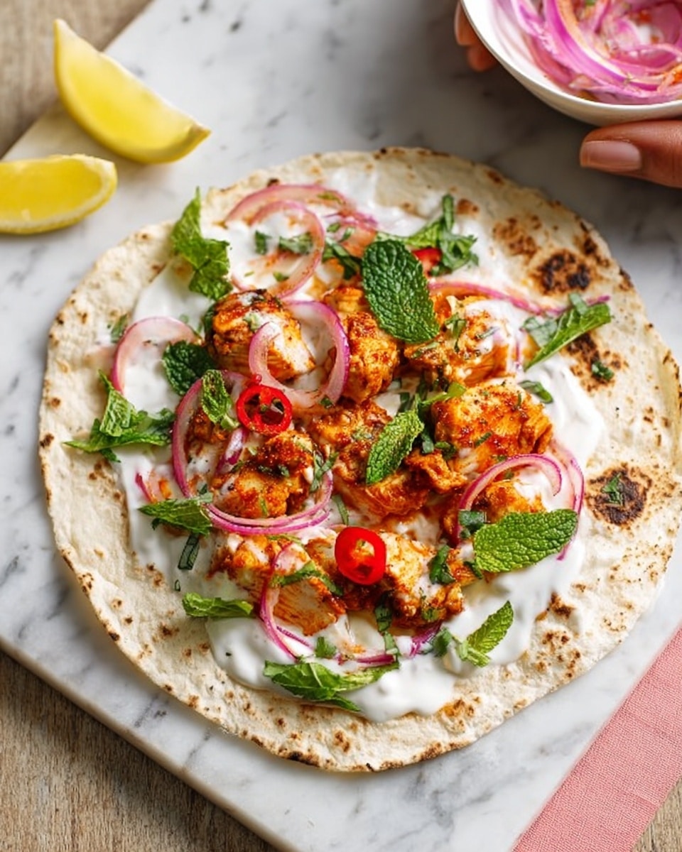 A flatbread with three main layers: the base is a light brown soft flatbread, on top of which there is a layer of white creamy sauce spread unevenly. The middle layer consists of cooked orange chicken pieces with reddish-orange sauce, scattered red chili slices, and thin slices of purple-red onion. Fresh green mint leaves are sprinkled on top, adding a touch of bright green. A small lemon wedge rests near the flatbread on the side. The dish is on a white plate placed on a white marbled surface, with a rustic knife in the background. photo taken with an iphone --ar 4:5 --v 7