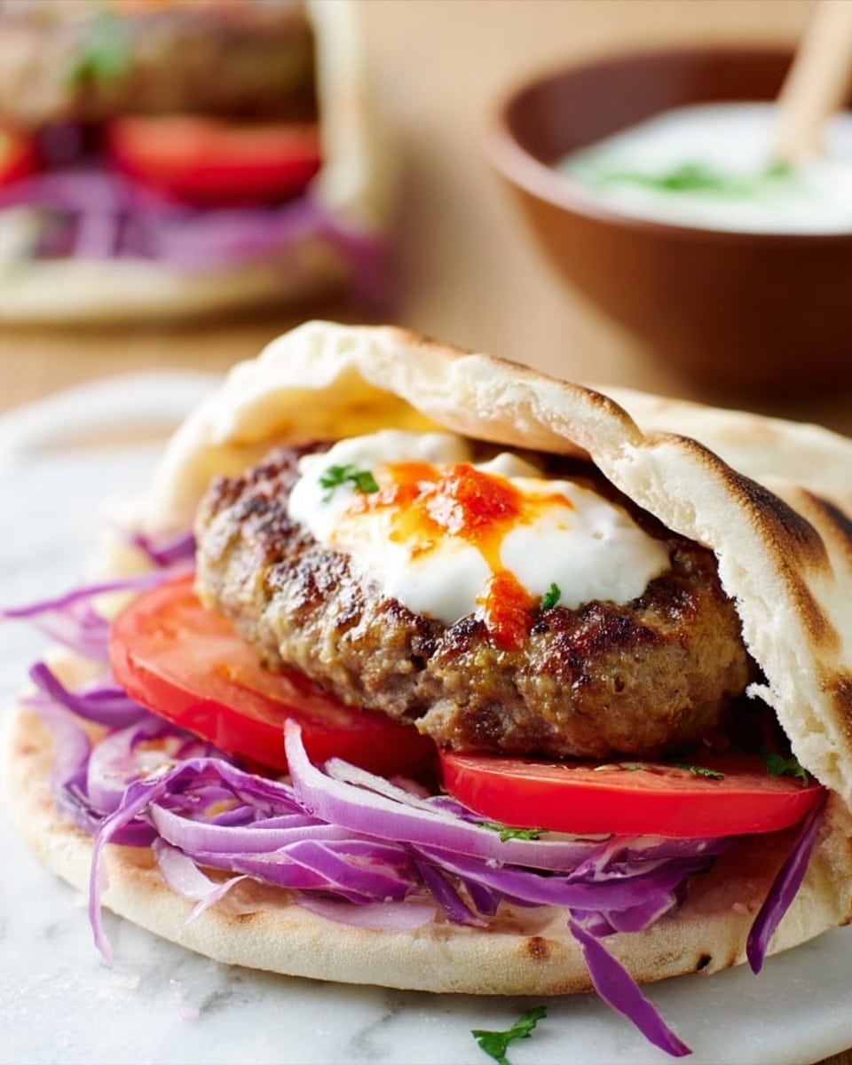 A white pita bread stuffed with layers of food sits on a light wooden surface. Inside the pita, there is a visible layer of thinly sliced red onion rings at the bottom, topped with bright red tomato slices. Above the tomatoes rests a cooked, browned meat patty with a rough texture. On top of the meat, there is a dollop of thick white sauce with a small amount of orange-red sauce drizzled over it. In the background, another pita sandwich with similar ingredients can be seen slightly out of focus. photo taken with an iphone --ar 4:5 --v 7