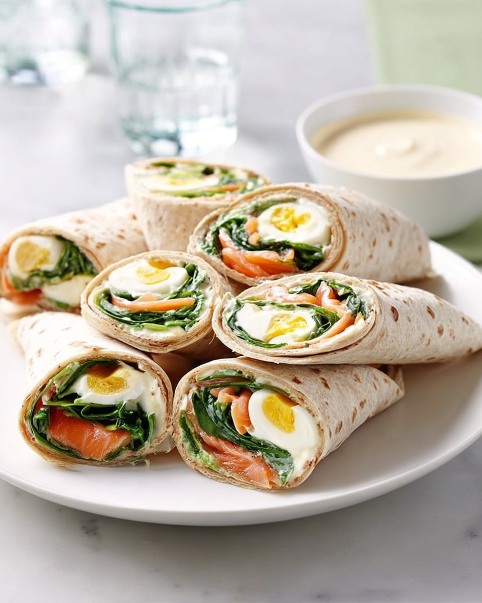 The image shows a white round plate on a white marbled surface holding six tortilla wraps cut in half, stacked together in a casual arrangement. Each wrap has visible layers beginning with a light beige tortilla dotted with toasted brown spots, enclosing fresh layers of dark green leafy spinach, bright orange smoked salmon, pale yellow boiled egg slices, and creamy white spread. In the background, a white bowl filled with white creamy sauce is visible, along with a glass of water. The overall scene is bright and clean, highlighting the fresh and colorful ingredients of the wraps. Photo taken with an iphone --ar 4:5 --v 7