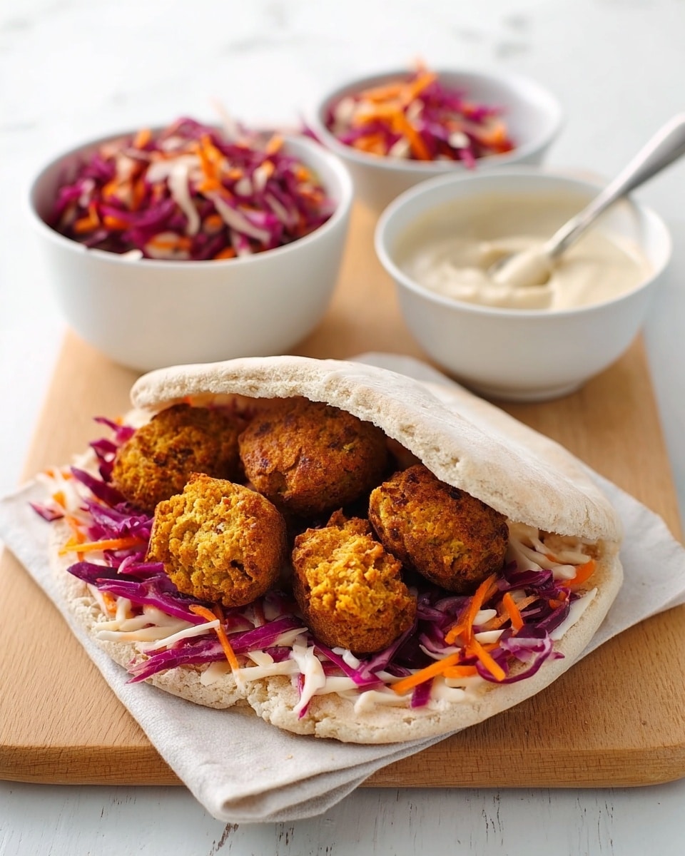 The image shows a pita sandwich filled with four golden-brown falafel balls resting on a bed of shredded purple cabbage and orange carrots mixed together, giving a colorful and fresh look. The pita bread is light beige and slightly open, holding the filling inside. Behind the sandwich, to the left, there is a white bowl filled with more of the shredded cabbage and carrot mix, and to the right, a white bowl holds a creamy beige sauce with a spoon inside it. A few falafel pieces lie on the white wooden surface nearby, and a white cloth is folded in the background. The whole scene is set on a white marbled surface. Photo taken with an iphone --ar 4:5 --v 7