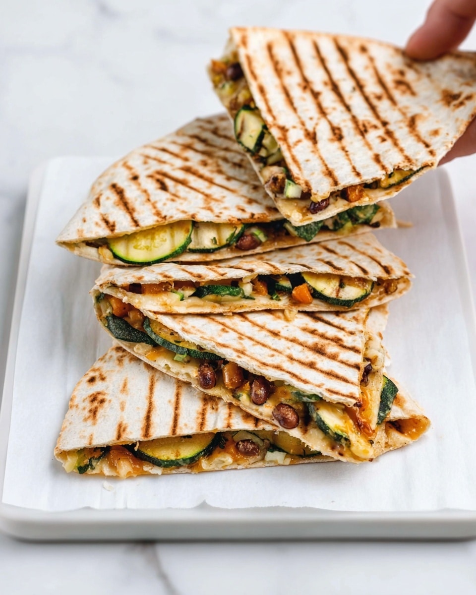 The image shows a white square plate on a white marbled surface with three grilled quesadilla pieces. Each piece has a slightly browned and striped tortilla exterior with visible grill marks. Inside the quesadilla, there are layers of green zucchini slices, melted cheese, and golden brown beans, giving a mixed yellow-green-brown color look. Some pieces are stacked lightly on top of each other, with zucchini slices peeking out. A woman's hand and a silver knife are partially visible on the top right side near the plate. Photo taken with an iphone --ar 4:5 --v 7