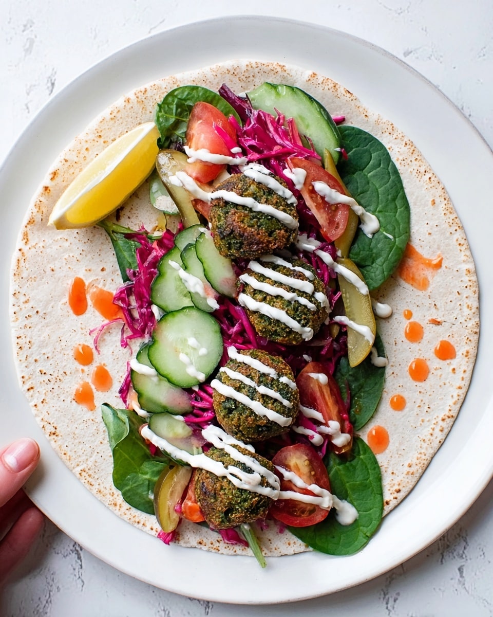 A white plate holds a round flatbread that forms the base layer with a light brown color and soft texture. On top of this flatbread is a layer of green spinach leaves, fresh and vibrant. Over the spinach, there are slices of red tomato and green cucumber arranged evenly. Next, several dark green falafel balls with a rough, crumbly texture are placed in the center. Small pickle slices and shredded purple cabbage add more color and texture, scattered around the falafel. The wrap is finished with two sauces drizzled on top in thin white and orange lines. A lemon wedge sits on the upper left edge of the flatbread. The whole scene rests on a white marbled surface. photo taken with an iphone --ar 4:5 --v 7
