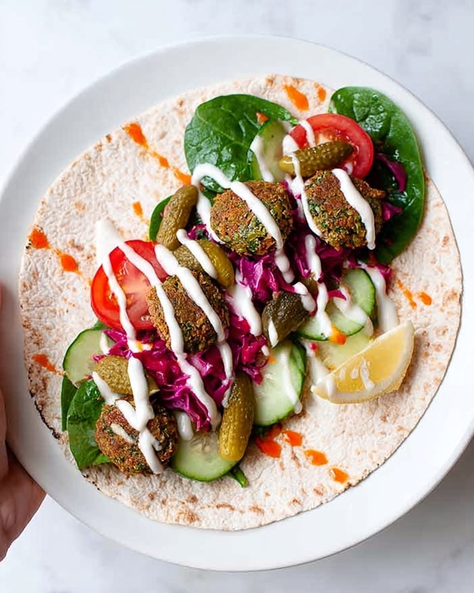 A round whole wheat tortilla lies flat on a white plate with a white marbled background. The tortilla holds layers starting with fresh green spinach leaves spread evenly, followed by thick slices of red tomato and green cucumber. On top, there are five golden-brown falafel balls with a crumbly texture. Bright pink pickled cabbage and small whole pickles are scattered among the falafel. The wrap is drizzled with white creamy sauce and orange hot sauce in thin lines. On the edge of the wrap, a small lemon wedge adds a pop of yellow color. Photo taken with an iphone --ar 4:5 --v 7