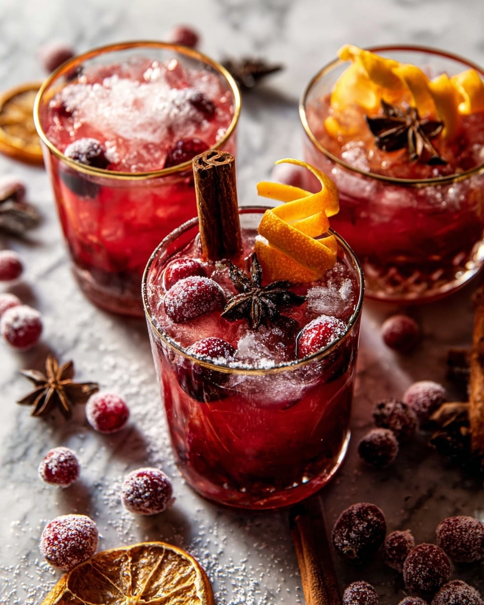 The image shows three layered drinks in clear glasses with a gold rim, placed on a white marbled surface. Each glass has a bottom layer of dark red liquid filled with crushed ice, followed by a middle layer of lighter red ice-filled liquid. The top layer has floating red cranberries, giving a textured look. Each drink is garnished with a long brown cinnamon stick, an orange peel twist curled around the stick, and a dark brown star anise on top. Around the drinks on the surface, there are scattered powdered sugar, some cranberries covered in sugar, whole star anises, and a dried orange slice. The scene has warm, cozy lighting with highlights and shadows emphasizing the textures. photo taken with an iphone --ar 4:5 --v 7