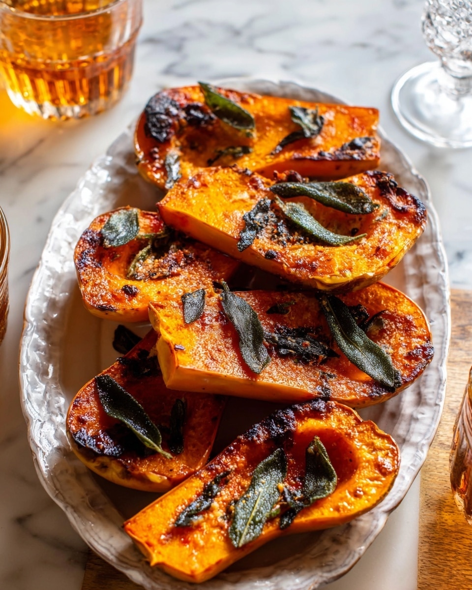 The image shows a white plate filled with roasted butternut squash halves, each cut lengthwise and arranged in a slightly overlapping way. The squash has a rich orange color with darker, caramelized edges and a slightly crispy texture. On top of each half, there are crispy sage leaves browned from roasting, scattered evenly. The squash looks soft inside with some glossy spots where oil or glaze has collected. The plate sits on a white marbled surface, and a glass and a drink are partially visible in the background. photo taken with an iphone --ar 4:5 --v 7