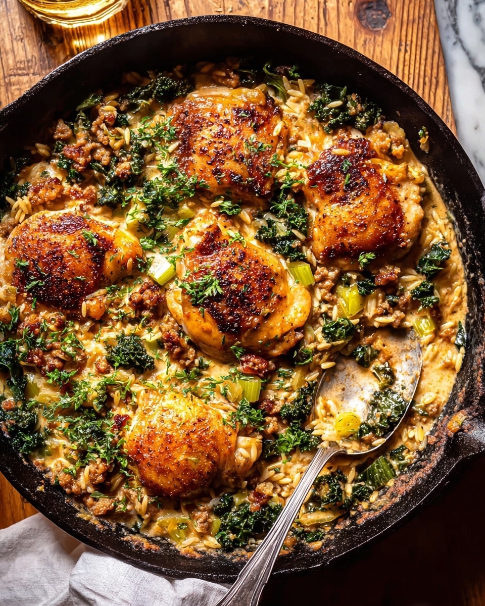 A cast iron skillet filled with a creamy, layered chicken dish featuring four browned chicken breasts on top. The first layer beneath the chicken shows cooked rice mixed with green leafy vegetables and slices of celery, combined with bits of browned sausage and softened onion pieces. The creamy sauce binds the ingredients together, creating a rich golden color with bubbling textures. Small green herb sprigs are scattered on top for garnish. A metal spoon rests inside the skillet on the right side. The skillet sits on a wooden table with a white marbled background, accompanied by a glass of amber liquid and a block of cheese near a red flower in a small vase. Photo taken with an iphone --ar 4:5 --v 7