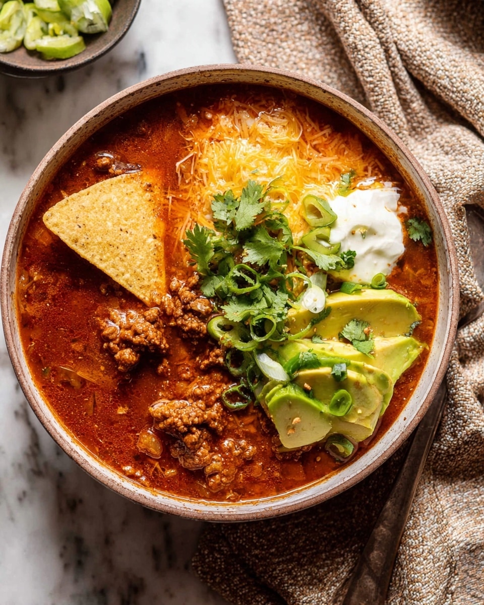 A bowl filled with rich, dark reddish-brown chili soup containing ground meat forms the base layer, topped with a layer of melted yellow shredded cheese that is slightly bubbly and soft. On one side of the bowl, a golden tortilla chip is partially dipped into the chili. The next layers include chopped fresh green cilantro and sliced pale green scallions scattered on top. There are also chunky pieces of light green avocado and a dollop of white sour cream nestled among the toppings. All of this rests in a round bowl placed on a white marbled surface with a grey cloth napkin nearby. Photo taken with an iphone --ar 4:5 --v 7