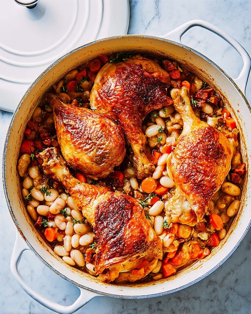 A white round cast iron pot is shown from above on a white marbled surface, partially covered by its lid. Inside the pot, there are three large golden-brown roasted chicken legs arranged over a bed of cooked white beans and thick slices of bright orange carrots mixed with some small green herbs. The chicken legs have a crispy, textured skin with salt sprinkled over them. The beans and carrots are soft and saucy, filling the bottom of the pot and surrounding the chicken pieces evenly. photo taken with an iphone --ar 4:5 --v 7